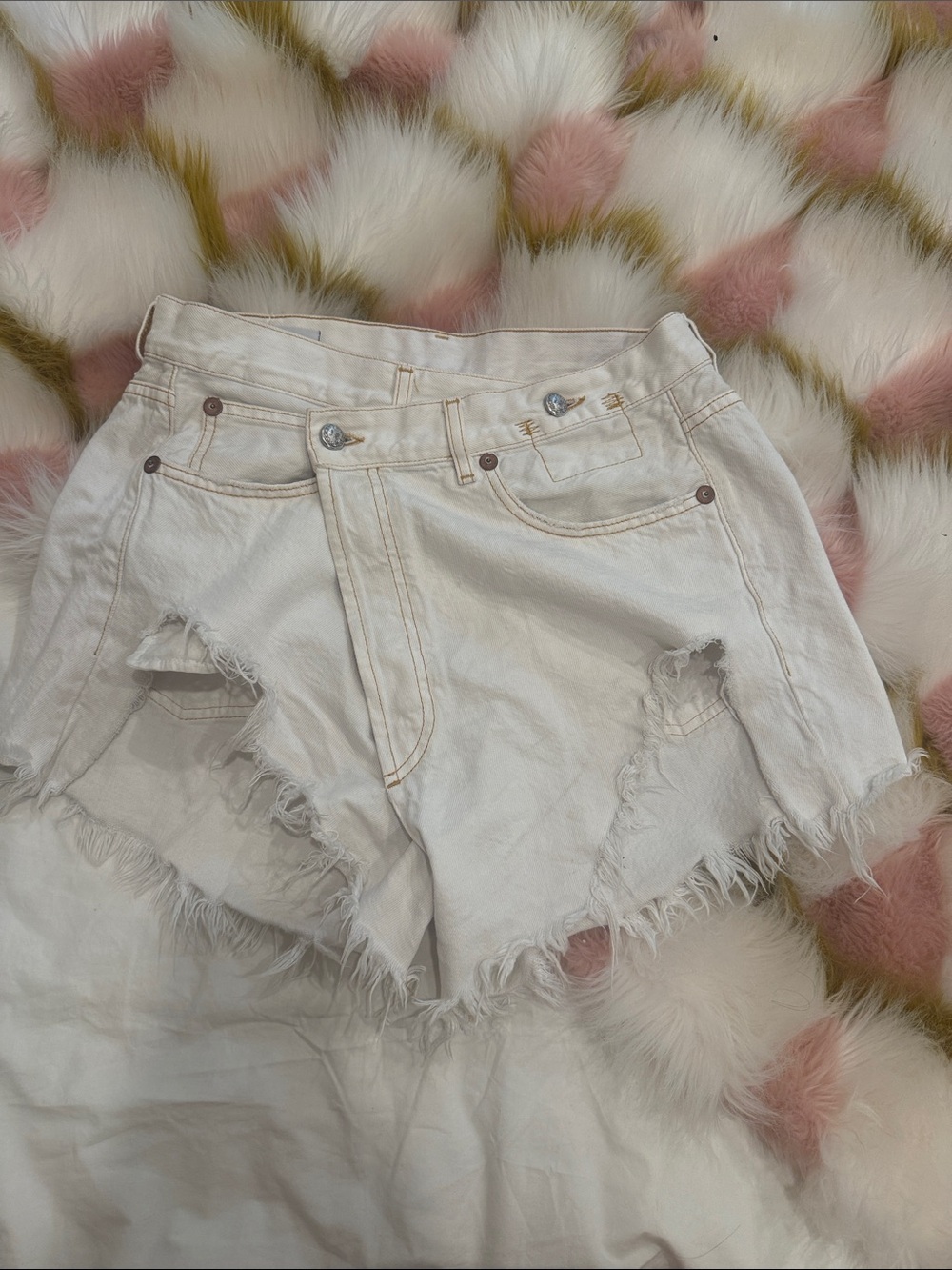 R13 White Distressed Frayed Hem Denim Shorts